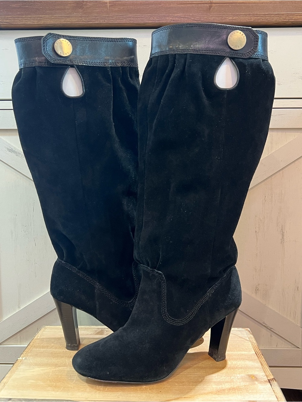 Michael Kors Harness Black Suede Slouch
Knee High Boots Logo Button Size 9